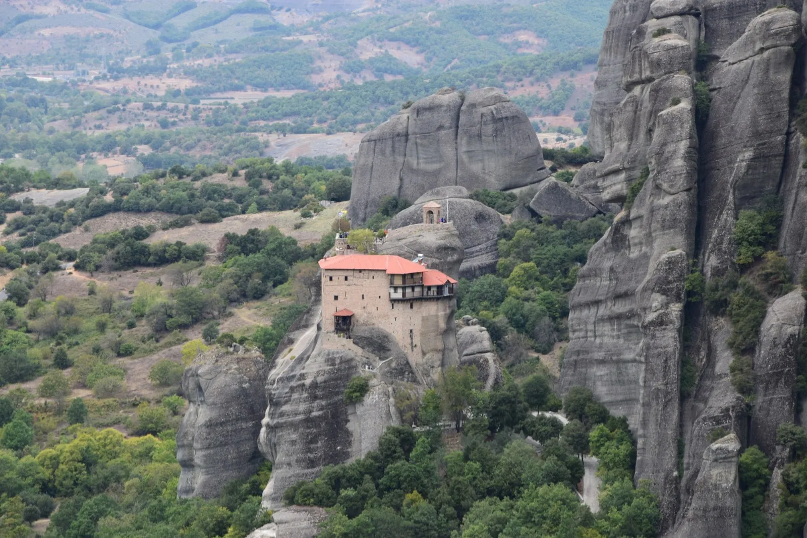 The small Holy Monastery of St. Nicholas Anapausas at Meteora, built vertically on a slender rock
