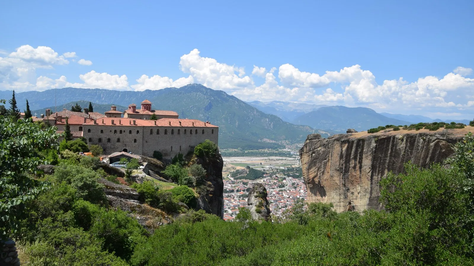 The Holy Monastery of St. Stephen at Meteora, reached by a short bridge across a chasm