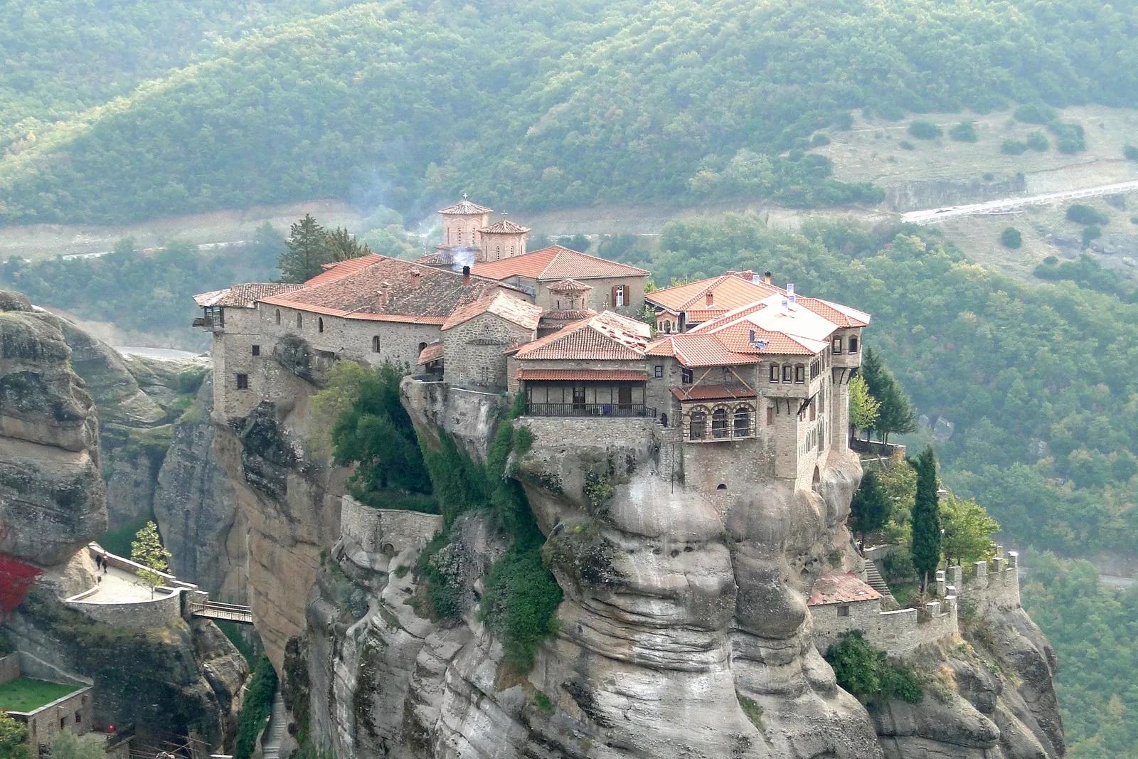 The Holy Monastery of Varlaam perched on its rock pillar at Meteora